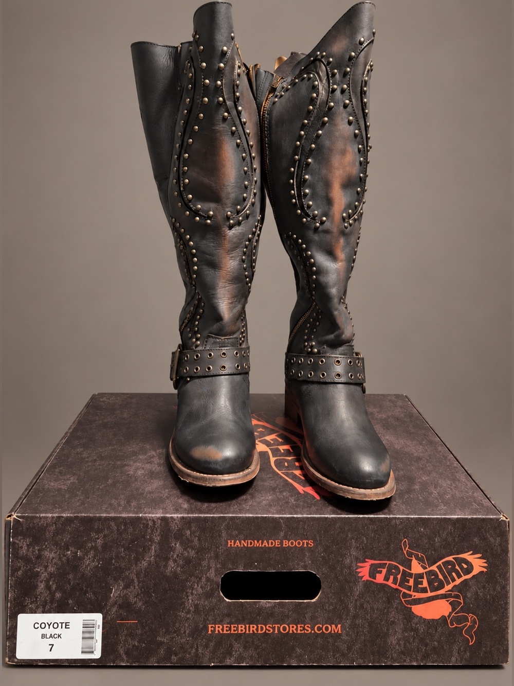 Freebird by Steven Coyote Black Studded Tall Boots Size 7 EUC w/ Box Dust Bags